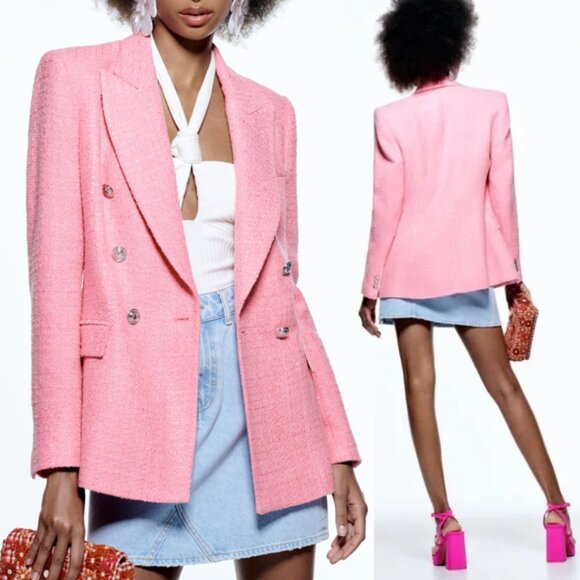 Zara Pink Tweed Textured Double Breasted Blazer Jacket Size S 7553/687 Barbie - Picture 1 of 16